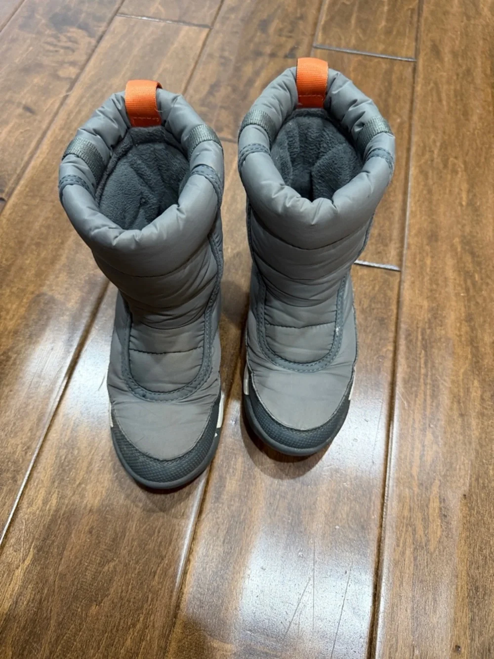 Sorel Kids Gray Winter Boots with Orange Pull Tabs